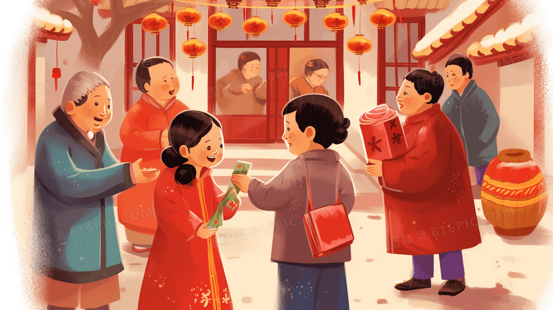 中国新年探访亲朋小孩收红包插画