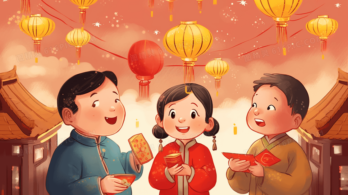 中国古代参加春节庆典的人们插画