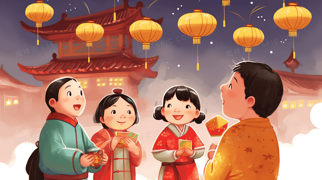 中国古代参加春节庆典的人们插画