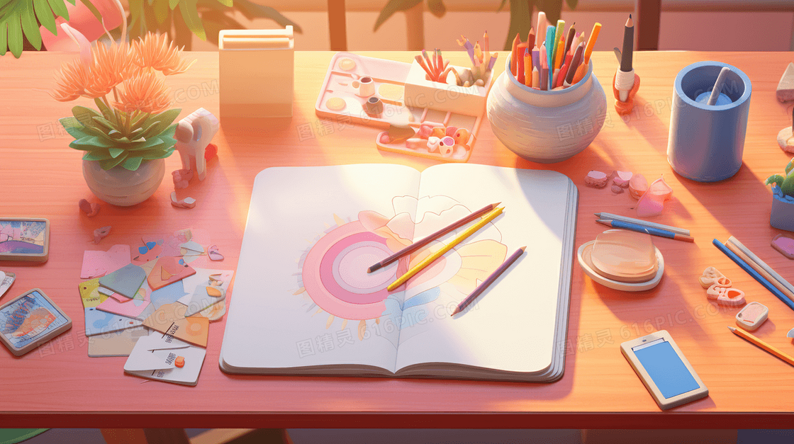 彩色设计师绘画手稿桌面插画