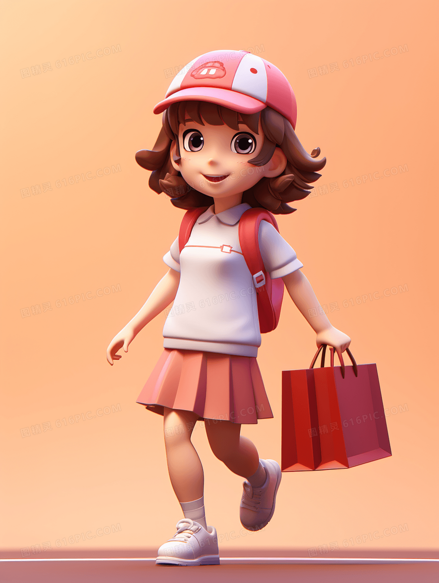 一个拿着购物袋逛街的可爱女孩插画