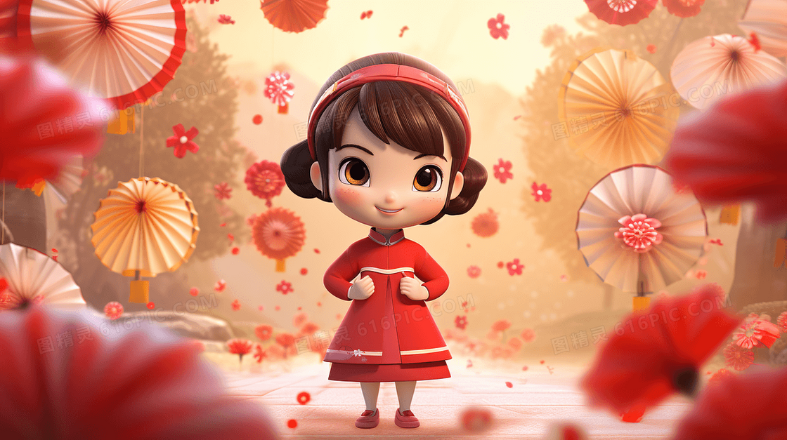 被鲜花灯笼包围的小女孩春节插画