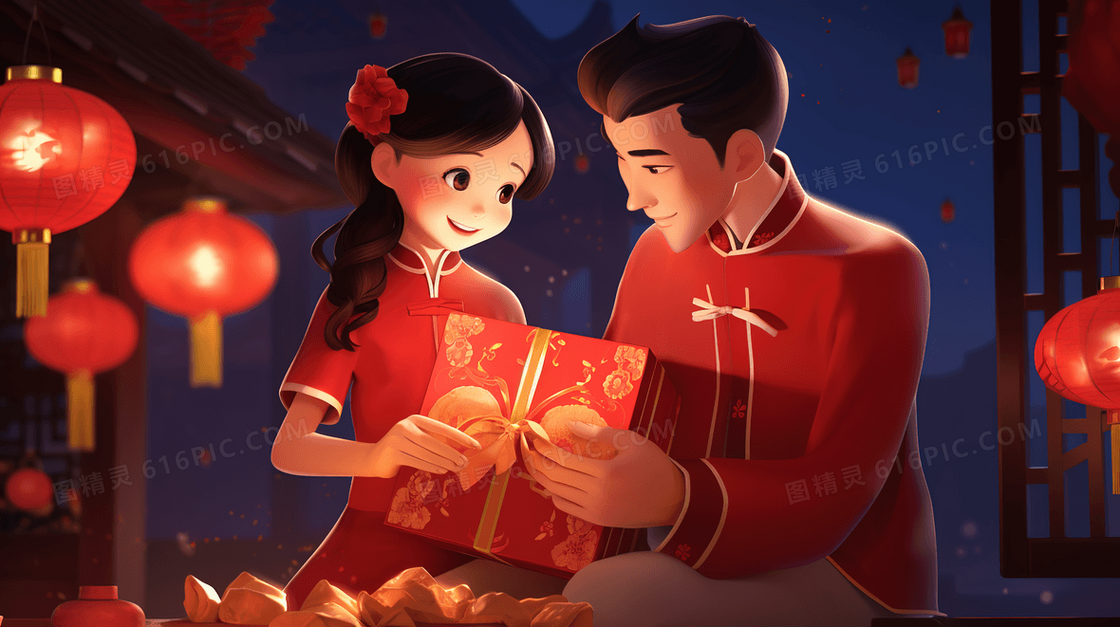 收到新年礼物的人插画