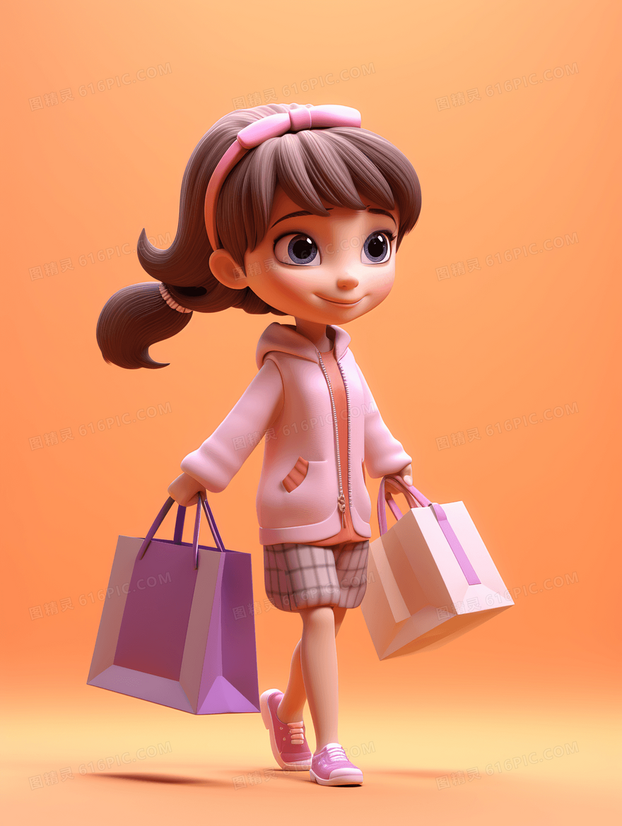 一个拿着购物袋逛街的可爱女孩插画