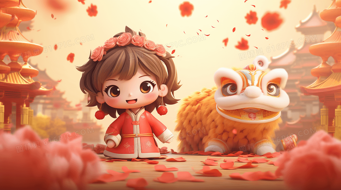 春节庆典可爱的醒狮与儿童插画