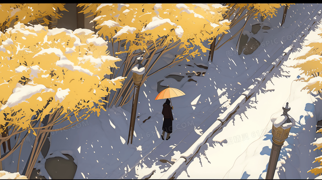 雪中打着黄伞行走的人插画