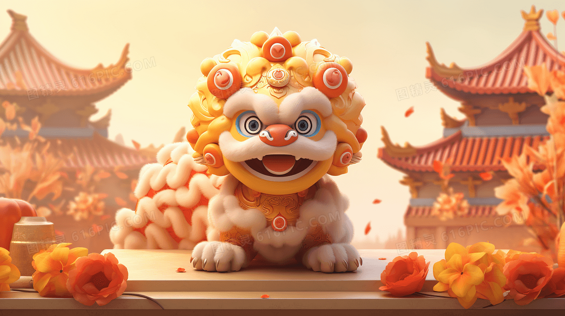 可爱呆萌的醒狮插画