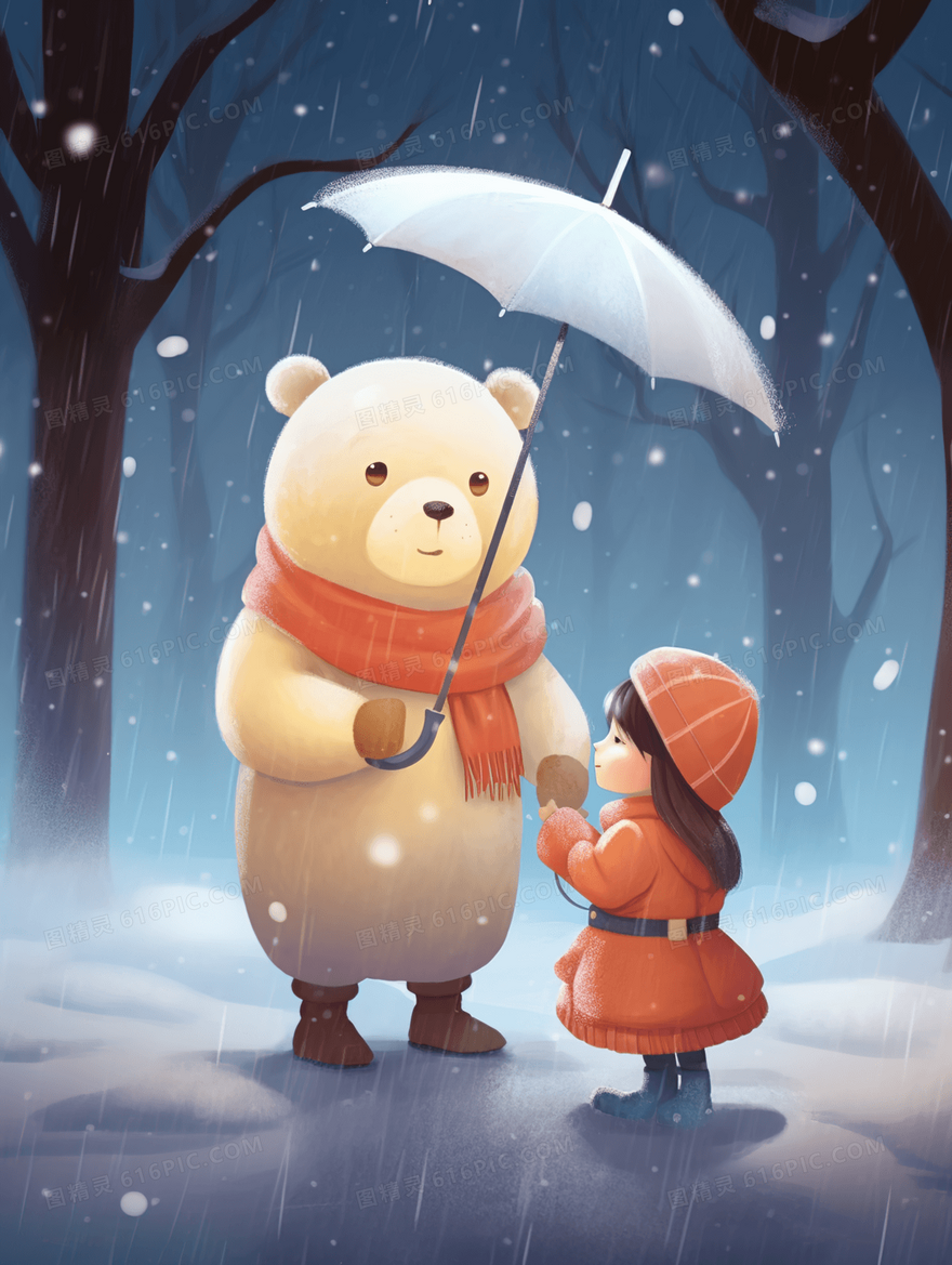 冬季小熊给小女孩撑伞插画