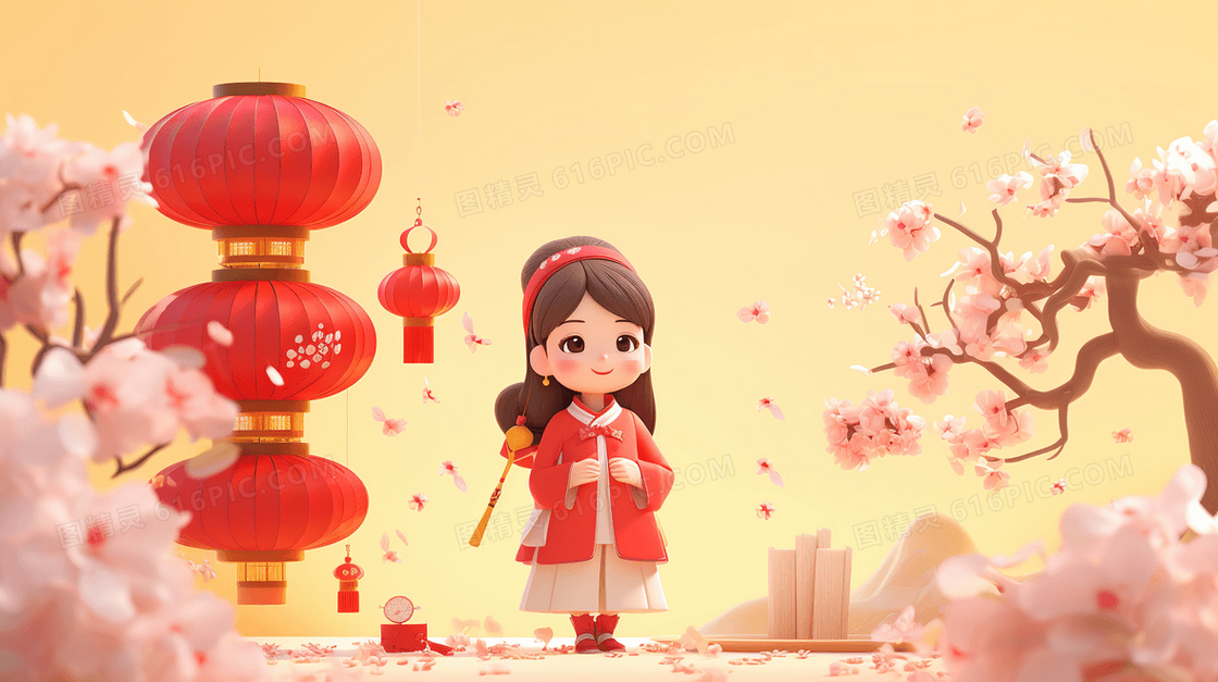 中国新年赏灯的古典美人插画