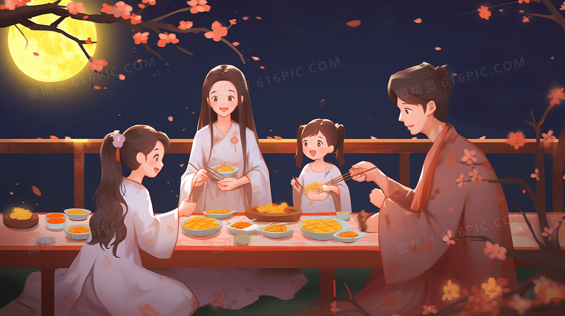 中秋节团圆赏月插画