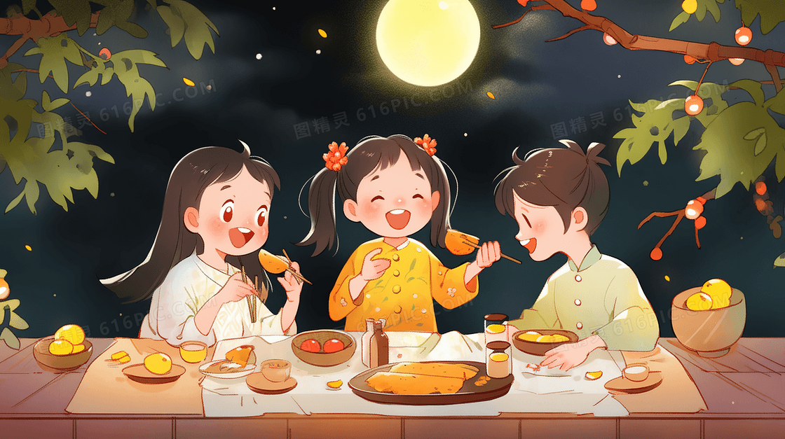中秋节团圆赏月插画