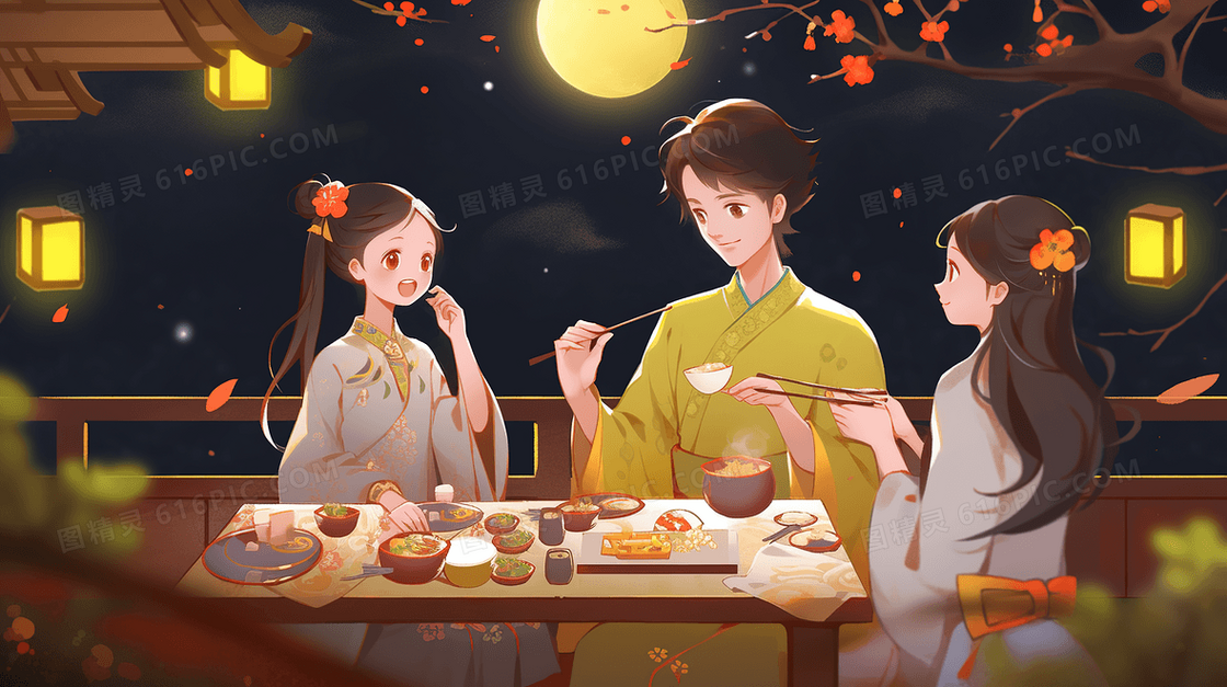 中秋节团圆赏月插画