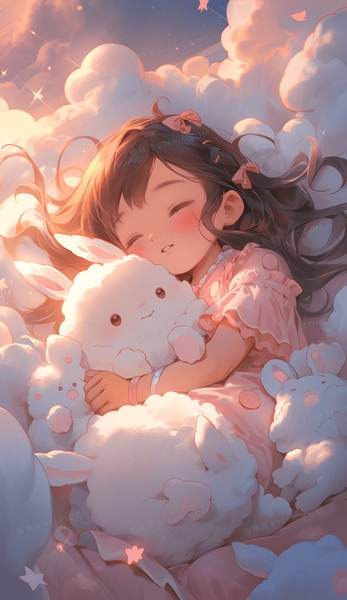 躺在云朵上抱着兔子睡觉的小女孩插画