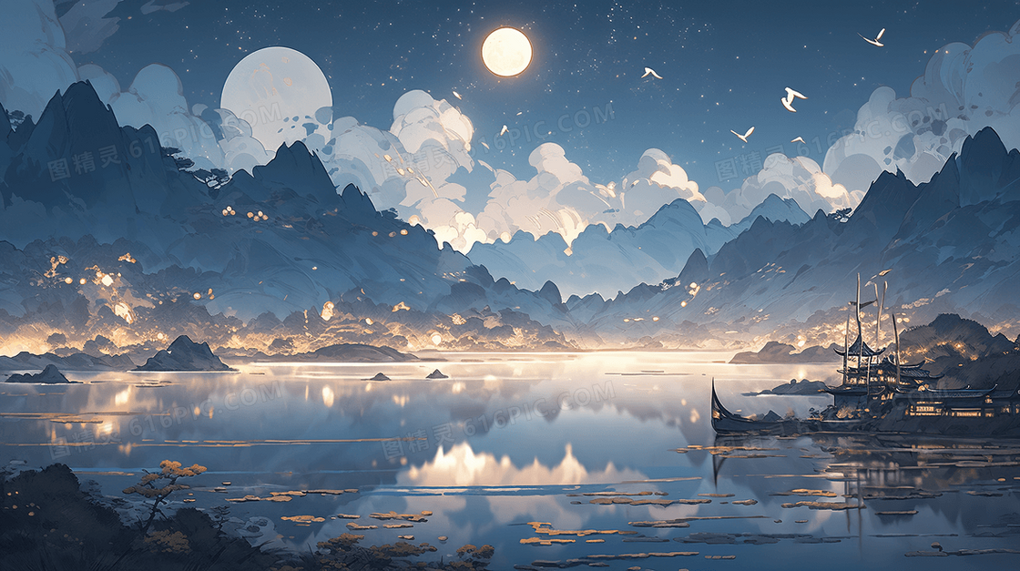 中秋节山水风景插画