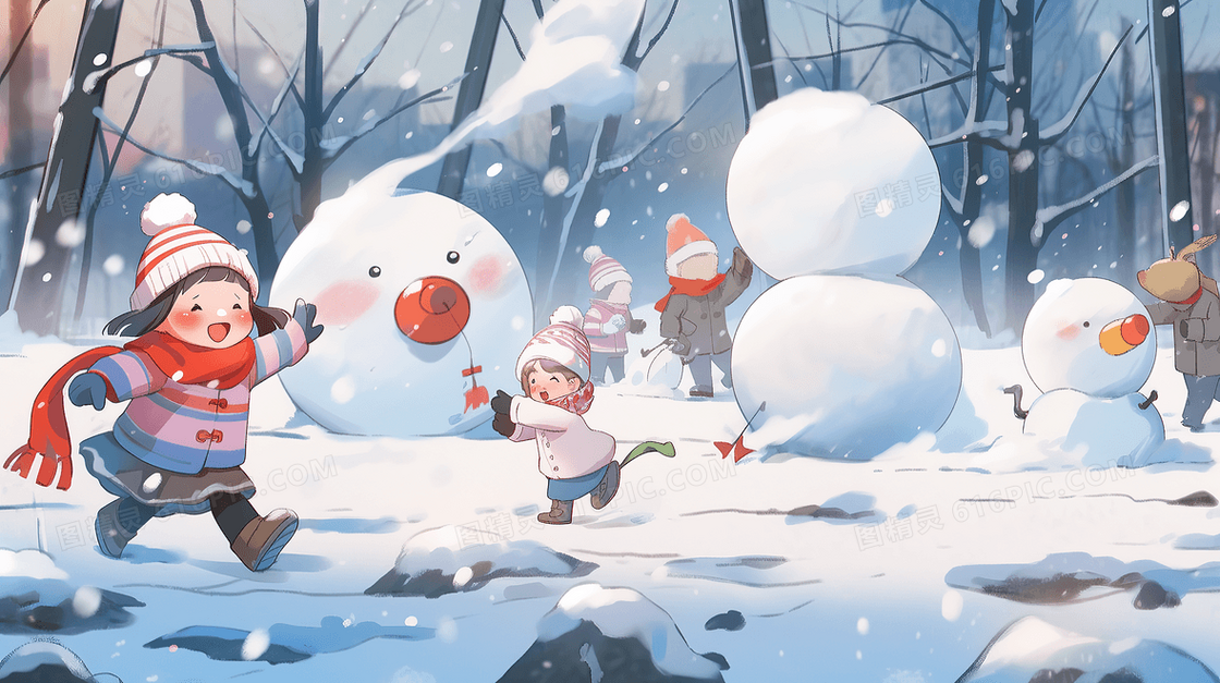 雪地里打雪仗的孩子们插画