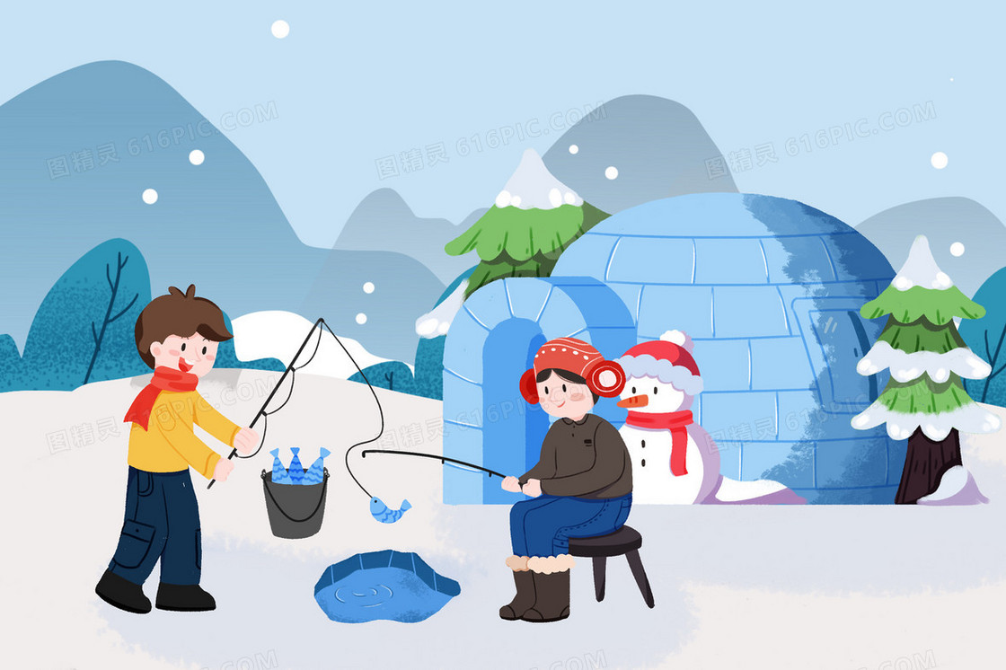 小雪天男孩户外钓鱼插画