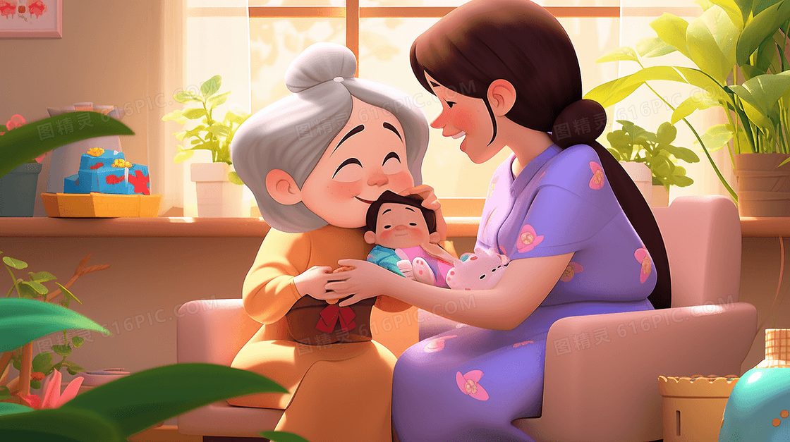 老人和孩子一家温馨相处插画