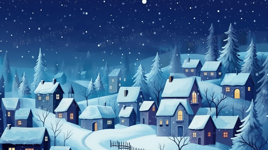 冬季乡村小镇的夜景插画