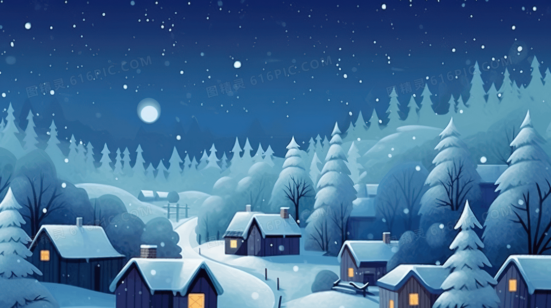 冬季乡村小镇的夜景插画