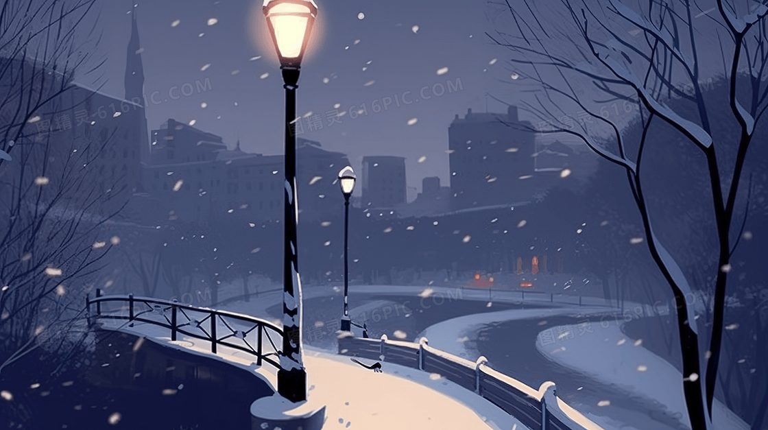 冬季城市下雪夜景插画