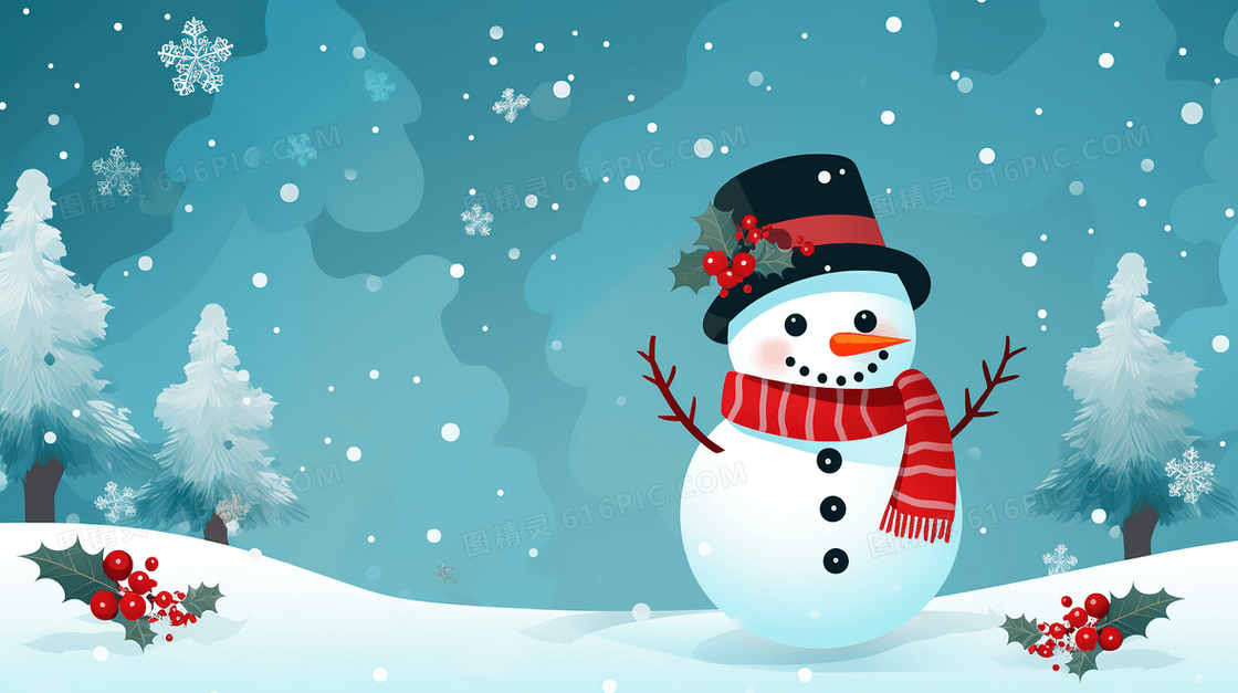 冬季雪地里的圣诞节雪人插画