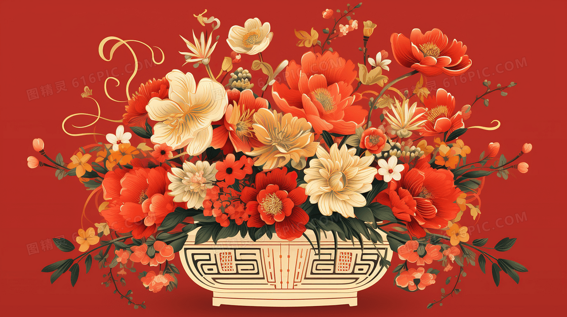 2024新年龙年喜庆浮雕花卉插画