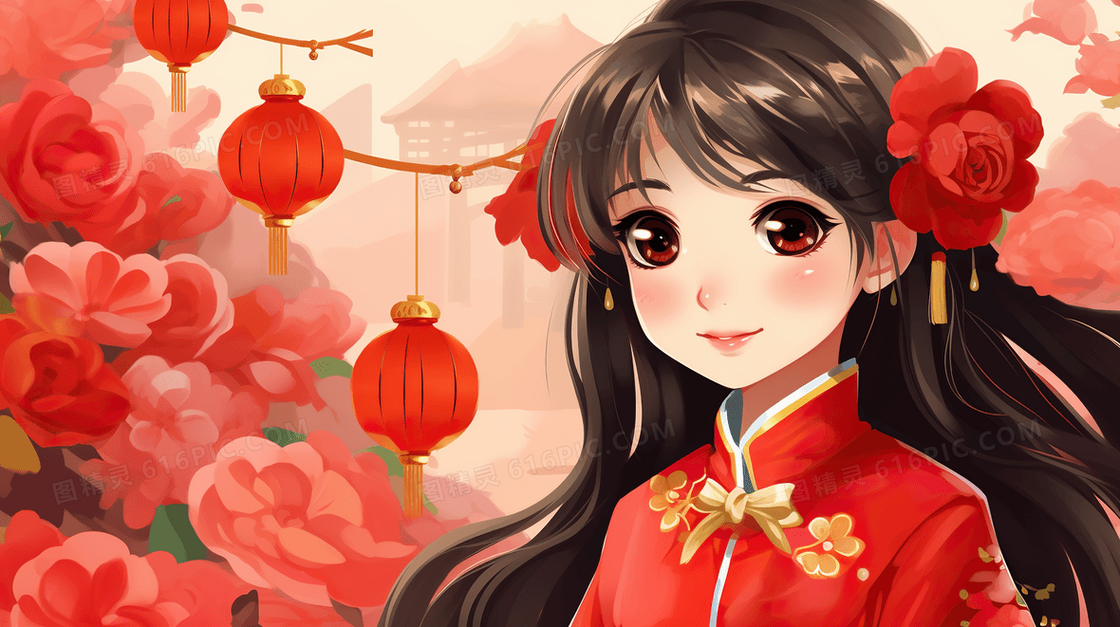 2024新年龙年喜庆女孩过新年卡通人物插画