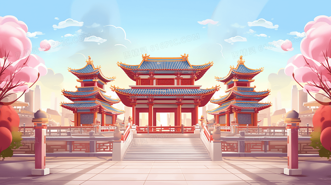 2024新年龙年喜庆国潮风中国建筑插画