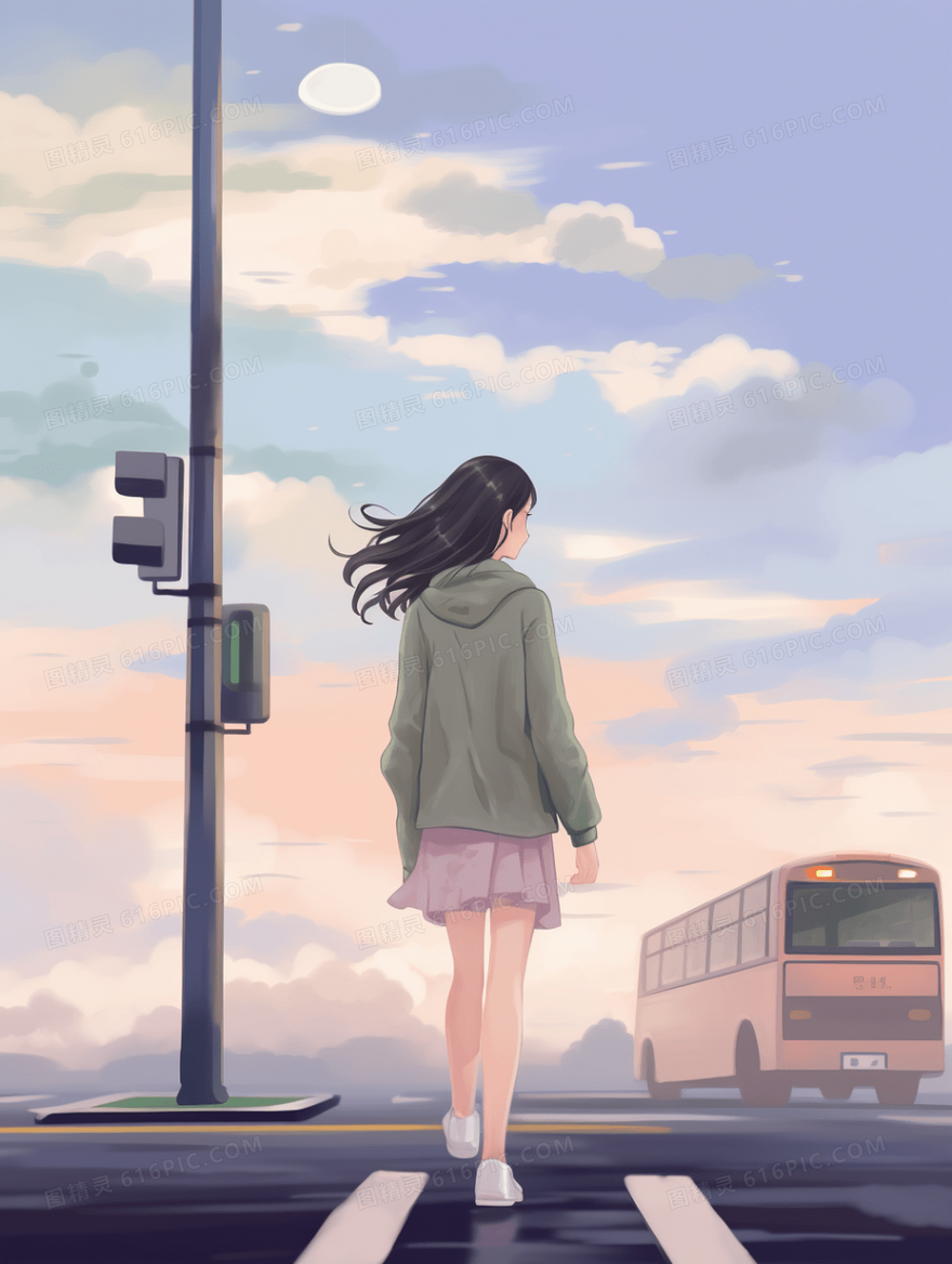 放学行走在马路上的女生插画