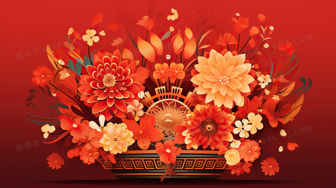 2024新年龙年喜庆浮雕花卉插画