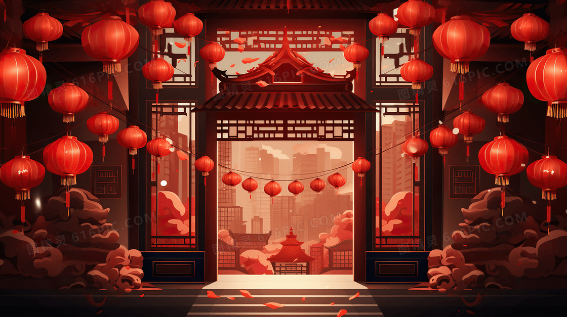 2024新年龙年喜庆国潮风中国建筑插画