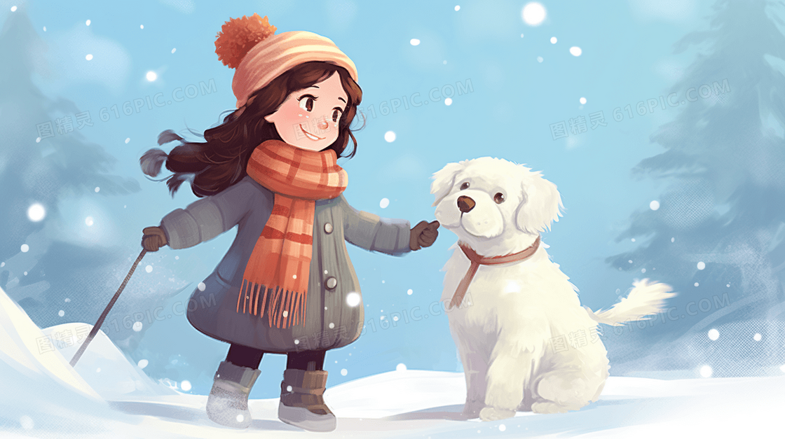 冬天小女孩在雪地玩耍卡通插画