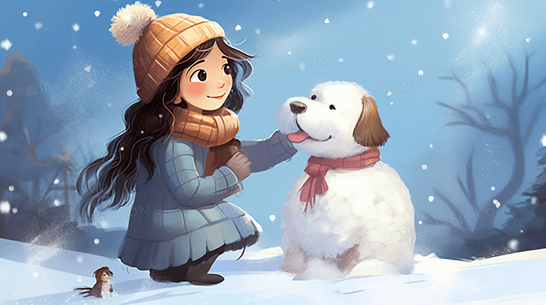 冬天小女孩在雪地玩耍卡通插画