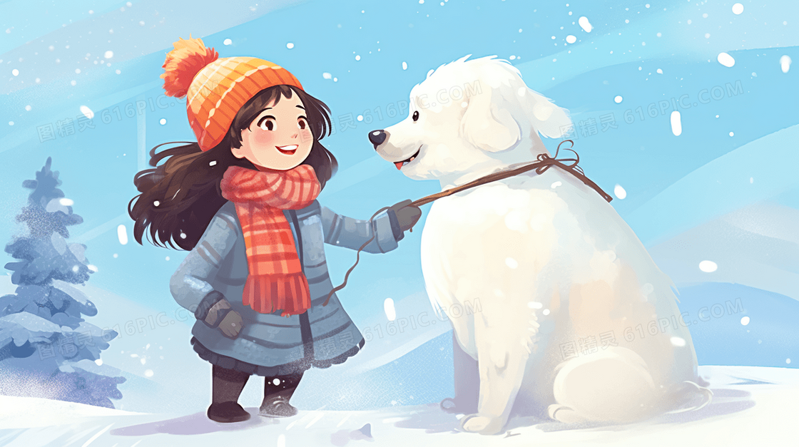 冬天小女孩在雪地玩耍卡通插画