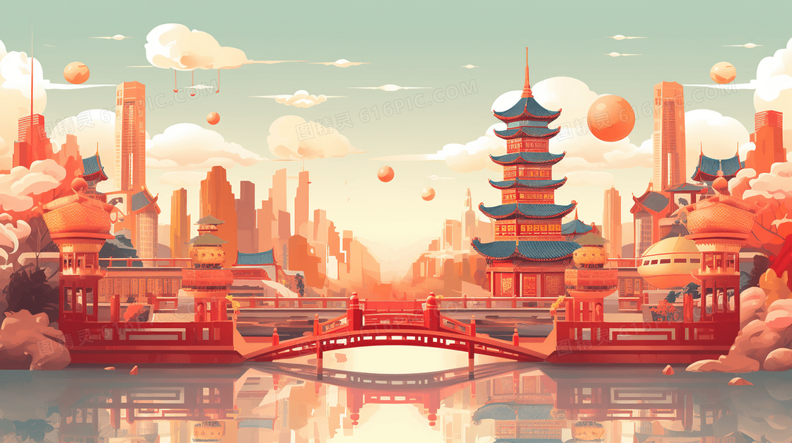 2024新年龙年喜庆国潮风中国建筑插画