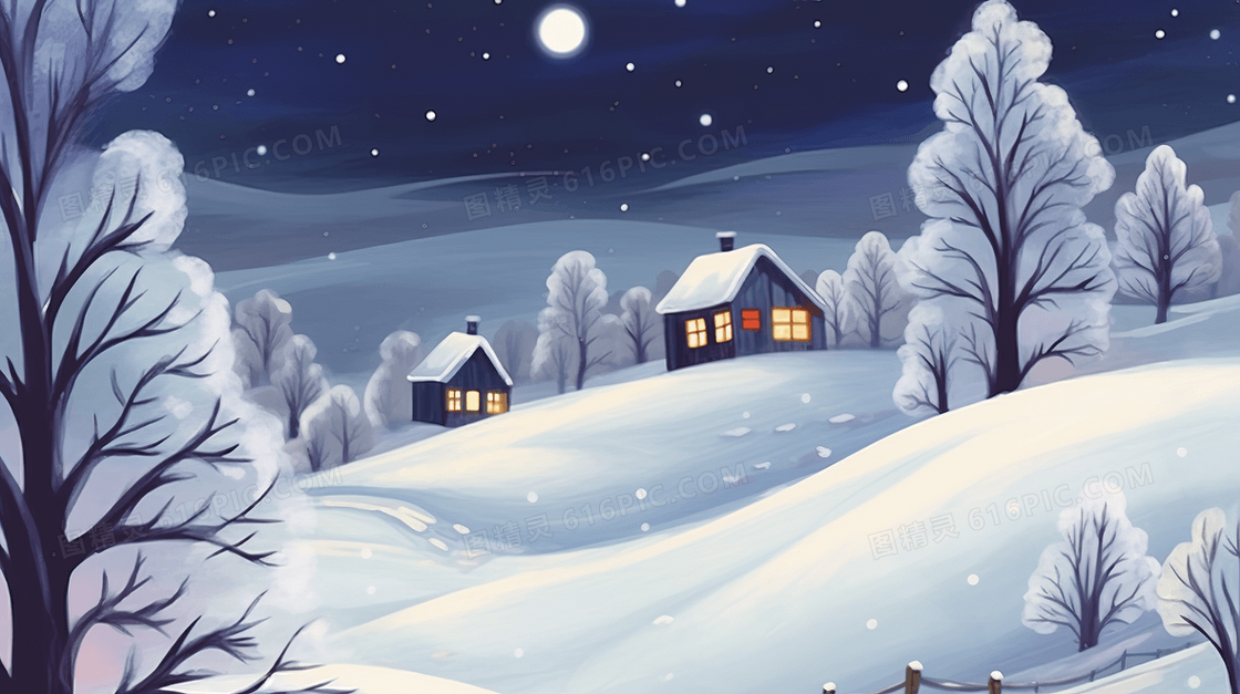 冬季山林小屋下雪夜景插画