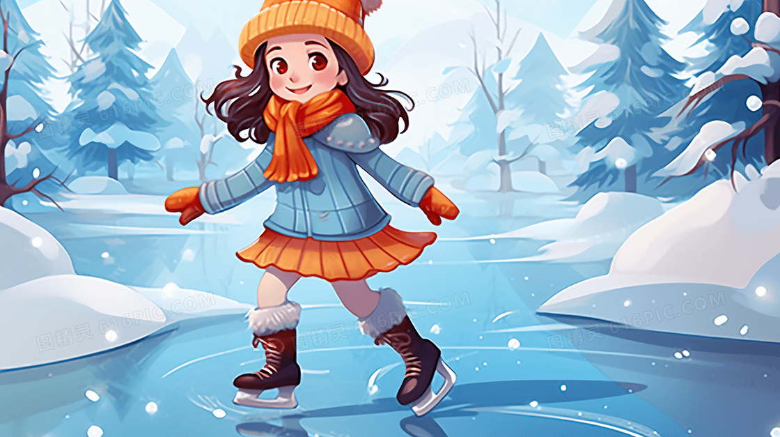 冬天小女孩在雪地玩耍插画