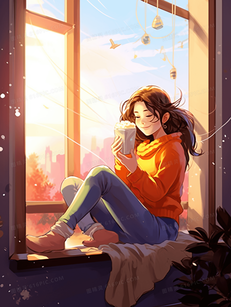 冬天女孩坐在窗边下午茶插画