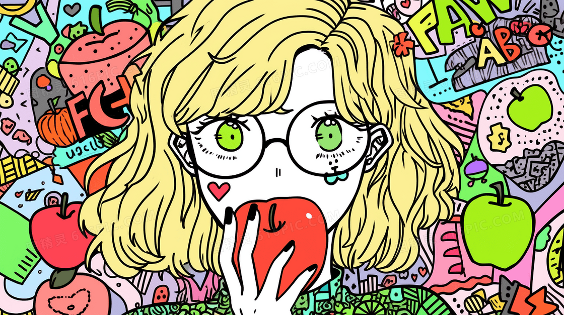 彩色多巴胺吃苹果的青春女孩插画