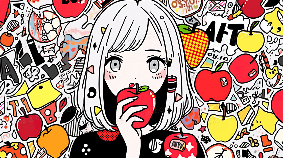 彩色多巴胺吃苹果的青春女孩插画