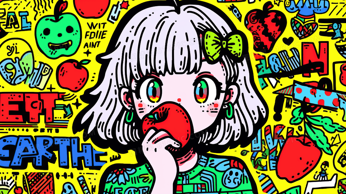 彩色多巴胺吃苹果的青春女孩插画