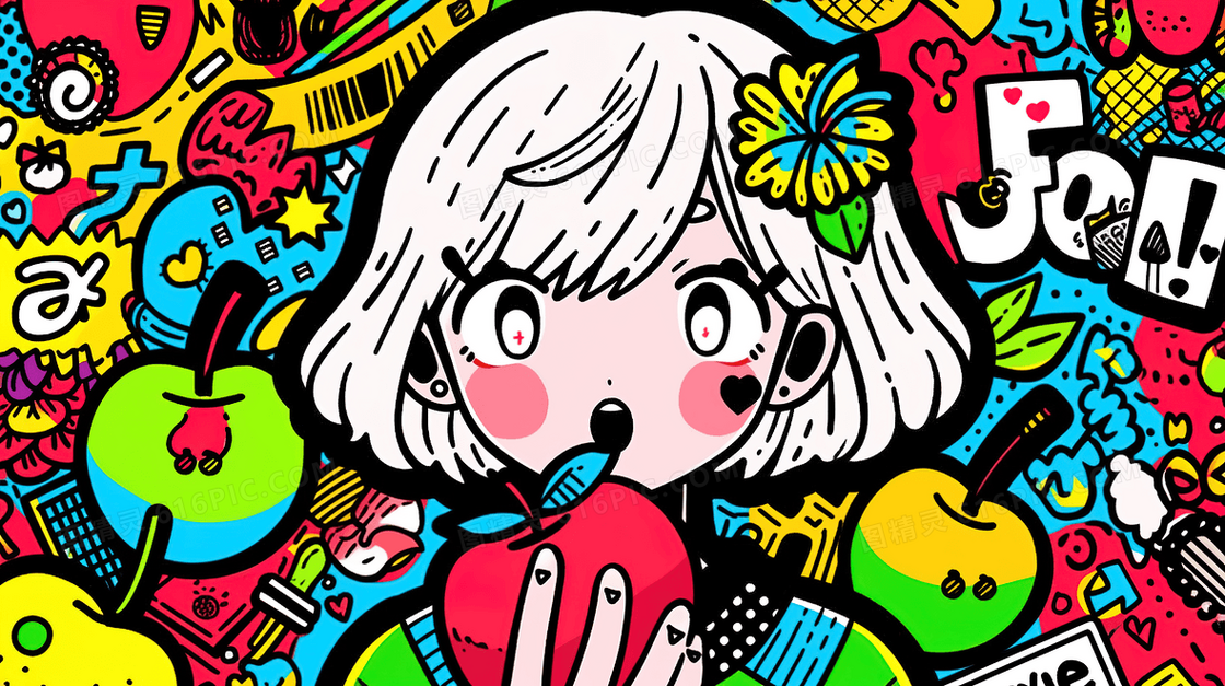 彩色多巴胺吃苹果的青春女孩插画