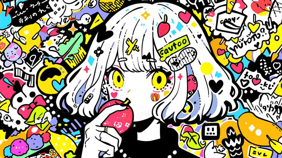 彩色多巴胺吃苹果的青春女孩插画