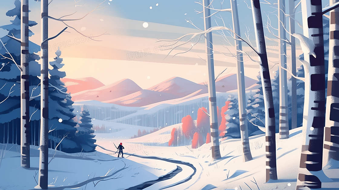 冬天夕阳下的山林雪景插画