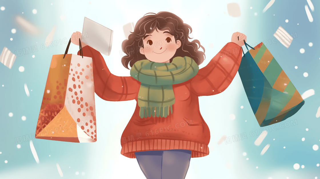 雪中提着购物袋逛街的女孩插画