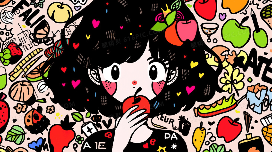 彩色多巴胺吃苹果的青春女孩插画