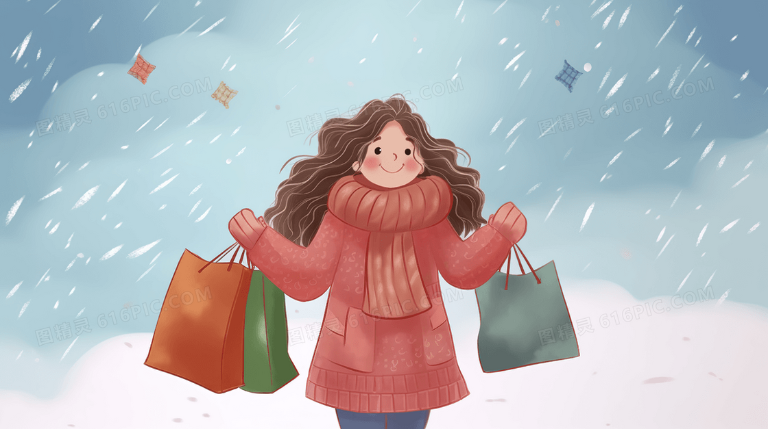 雪中提着购物袋逛街的女孩插画