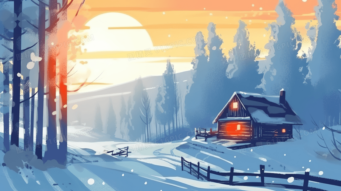 冬天夕阳下的山林雪景插画