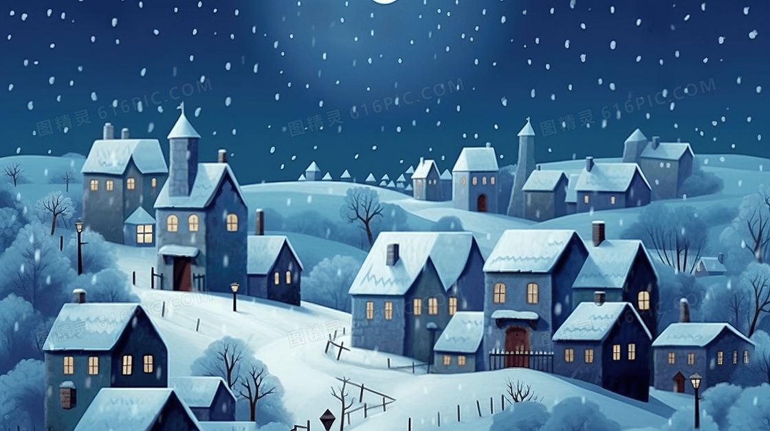 冬天乡村小镇的夜景插画