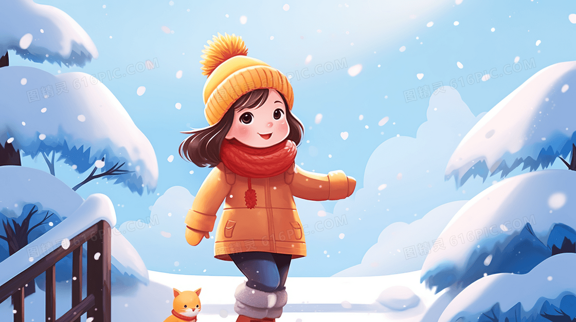 雪山森林上的小女孩和小猫插画